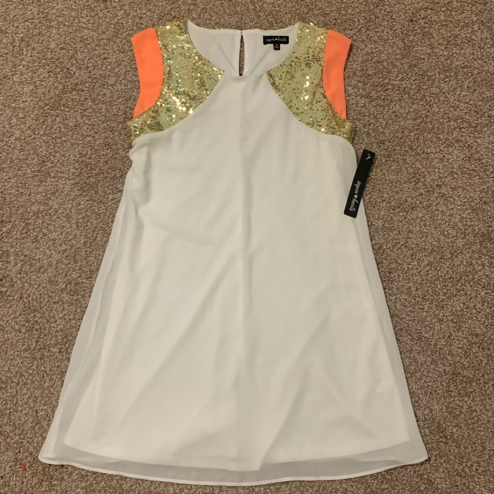 NWT Sequin hearts white, gold and coral dress